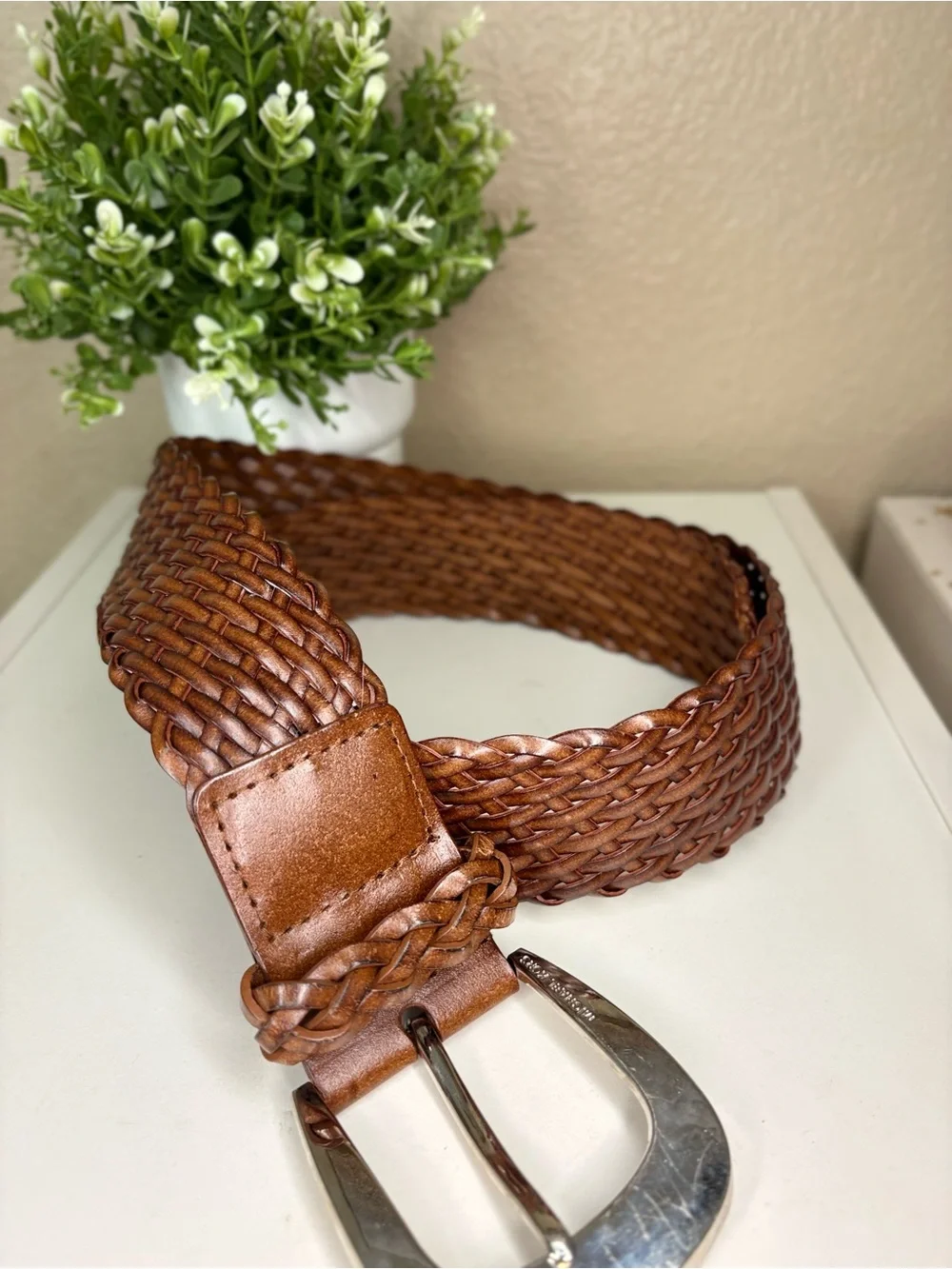 Michael Kors Brown Woven Leather Belt Silver Buckle Size Large